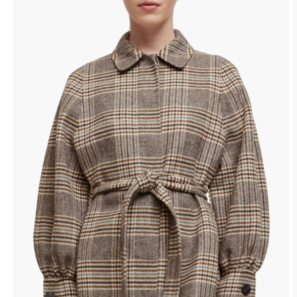Maje Plaid Wool-Blend Belted Coat in Brown and Cream